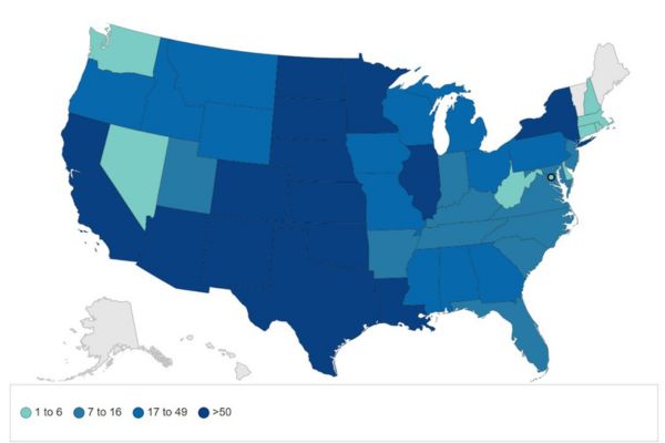 West Nile virus human disease cases reported by state of residence, 2023, from CDC.